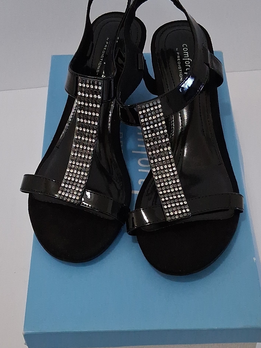 comfort plus by Predictions Black Patent T-Strap Wedges with Silver Rhinestones
